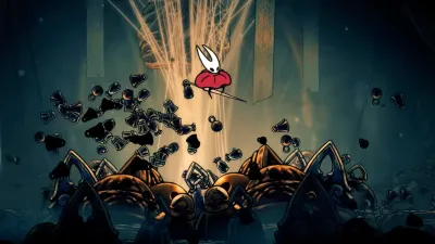 Hornet descending through dark draped caverns toward the Abyss
