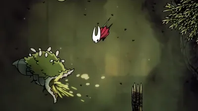 Hornet fighting enemies in the misty heights of Greymoor