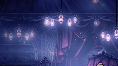 The scarlet-lit interior of the Grimm Troupe tent in Dirtmouth